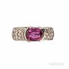 18kt White Gold, Pink Sapphire, and Diamond Ring, set with an oval-cut sapphire measuring approx. 8.00 x 6.00 x 3.50 mm, pave-set diamo
