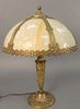 Six paneled dome glass and brass table lamp shade with accompanying base, ht. 23 1/2", dia. 16 1/2".