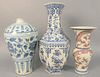 Three Chinese porcelain vases, large blue and white with six sides having scrolling vines and flowers, mei ping blue and white vase, and a blue with u