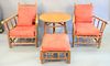 Four piece Old Hickory set, two large armchairs with matching foot stool and a circular side table, ht. 37" x dp. 32-1/2" x wd. 29".