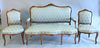 Three piece French salon set, loveseat and two side chairs, blue upholstery, ht. 41", wd. 56", dp. 21 1/2".