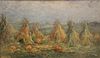 Fall haystacks with pumpkins, oil on canvas, unsigned, 12 1/2" x 21 1/2".