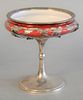 Red cased glass and sterling silver with silver overlay compote, marked 'sterling 672' on the underside, monogrammed on base, ht. 6", dia. 5 1/2". Pro