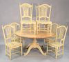 Nine piece kitchen table set, large pine round pedestal table with two leaves along with six chairs with spindle backs, 30" high, 60" dia. (table), al