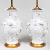 Pair of White Glazed Flower Encrusted Porcelain Vases Mounted as Lamps