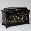 Early Victorian Mother of Pearl Inlaid Black and Polychrome Japanned Papier Mache Tea Caddy