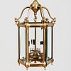 Pair of Regency Style Brass and Glass Hexagonal Hanging Three-Light Lanterns