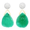 Huge Carved Emerald and Diamond-set Gold Earrings