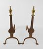 Pair of Cast Iron Knife Blade Andirons with Brass Finials