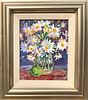 Sybil Goldsmith, Oil on Canvas, "Daisies in a Glass Jar and Green Pear"
