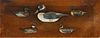5 Antique Duck Decoys Mounted on a 19th Century Backboard