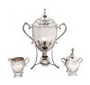 A Silverplate Tea Urn, and Two Pair of Covered Sugar and Creamers
Height of tea urn 14 1/2 x width over handles 11 inches.