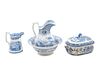 Four English Blue and White Transfer-Printed Ironstone Articles
Height of pitcher 11 1/2 inches; diameter of basin 13 1/2 inches; length of tureen 13 