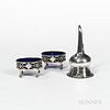 Three Pieces of Georgian Sterling Silver Tableware, each with engraved armorial, two salt cellars with cobalt glass liners, c. 1759, by