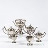 Six-piece Sterling Silver Tea and Coffee Service, 20th century, lacking maker's marks, monogrammed, comprised of a kettle-on-stand with
