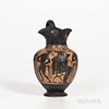 Ancient Attic Trefoil Oinochoe, c. 500 B.C., black-figure painted with Dionysus and two satyrs, marked in Greek to base, ht. 9 1/4 in.