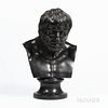 Wedgwood Black Basalt Bust of Seneca, England, c. 1780, mounted atop a waisted circular socle, impressed mark, ht. 18 in.