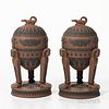 Pair of Wedgwood Egyptian Rosso Antico Tripod Vases and Covers, England, early 19th century, domed covers with crocodile finials, appli