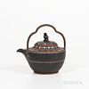 Wedgwood Encaustic Decorated Black Basalt Kettle and Cover, England, late 18th century, widow finial and bail handle, iron red and whit