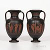 Pair of Wedgwood Encaustic Decorated Black Basalt Vases, England, 19th century, iron red, black, and white with figural groups to one s