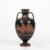 Wedgwood Encaustic Decorated Black Basalt Vase, England, c. 1864, iron red, black, and white, decorated with figures, impressed mark, h