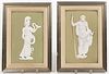 Pair of Wedgwood Green Jasper Dip Plaques, England, 19th century, rectangular shapes with applied white figures in relief, one depictin