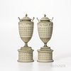 Pair of Wedgwood Tricolor Diceware Jasper Dip Presentation Vases and Covers, England, 1885, each green ground with applied white relief