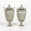 Pair of Wedgwood Tricolor Diceware Jasper Dip Vases and Covers, England, 19th century, applied white relief to a green ground with yell