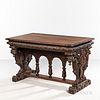 Carved Oak Library Table, late 19th/early 20th century, with figural caryatid trestle supports joined by an arched colonnade, ht. 30 1/