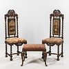 Pair of Carved Oak Side Chairs and a Footstool, late 19th/early 20th century, the chairs with a carved coat of arms, ht. 49, wd. 16, dp