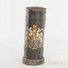 English Leather Umbrella Stand, with the royal coat of arms to exterior, ht. 26 1/4, top opening dia. 9 1/2 in.