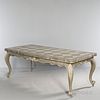 French Provincial-style Extending Dining Table, painted with harlequin checkering, ht. 31 1/2, wd. 39 1/2, lg. 87 (closed), lg. 146 in.