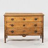 Italian Fruitwood Chest of Drawers, 19th century, with three string-inlaid drawers on turned legs, ht. 35 1/2, lg. 51 1/2, dp. 21 1/2 i