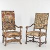 Two Upholstered Walnut Armchairs, one with a figural needlework upholstery, ht. 52, wd. 29, dp. 26 1/2, and the other with verdure tape