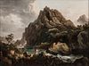 British School, 19th Century, Mountain Landscape with Lovers by a Rushing River, Unsigned., Condition: Lined, retouch primarily to fill