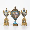 Three-pieces Sevres-style Gilt-bronze-mounted Garniture, France, late 19th/early 20th century, each gilded and polychrome enameled to a