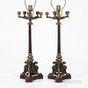 Pair of Gilded and Patinated Bronze Five-arm Table Lamps, Continental, 19th century, each supported atop a fluted support terminating a