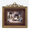 Limoges Enamel Plaque, France, 19th century, rectangular form with polychrome depiction of revelers in a tavern interior, sight size 5