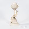 Carved Alabaster Table Lamp, 19th/20th century, carved as a parrot perched by a torchiere with shade, ht. 22 in.