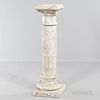 Alabaster Pedestal, gray-veined with a shallow stylized dolphin carving to center, ht. 44, top surface wd. 9 1/2 in.