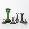 Six Silver Overlay Glass Items, 20th century, three green glass vases, ht. 6, 9 5/8, 13 3/4; a clear bottle with stopper, rim ht. 9 3/8