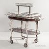Three-tier Serving Trolley, 20th century, mahogany plywood with chrome, silver-plated fittings, handles, and legs, compartmented drawer
