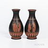Pair of Davenport Beck & Co. Encaustic Decorated Rosso Antico Vases, England, c. 1875, each with classical subjects in iron red to a bl