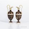 Two Similar Wedgwood Agate Oenochoe Ewers, England, c. 1780, white terra-cotta foliate molded spouts and handles terminating at masks a
