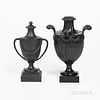Two Wedgwood & Bentley Black Basalt Vases, England, c. 1775, a cassolette with vase top and candle holder, laurel and berry festoons in