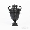 Wedgwood & Bentley Black Basalt Vase and Cover, England, c. 1775, scrolled foliate molded handles with palmette and meander borders abo