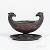 Wedgwood Black Basalt Inkstand, England, early 19th century, bird-head handles with applied rosso antico arabesque flowers below a coil