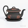 Wedgwood Black Basalt Teapot on Stand, England, early 19th century, applied rosso antico classical figural groups and floral border, im