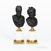 Pair of Black Basalt Busts, England, 19th century, attributed to Wedgwood, titled depictions of Newton and Locke, mounted atop gilt-bro