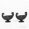 Pair of Wedgwood Black Basalt Oval Inkstands, England, 19th century, each with molded bird-head handles, one with an inkpot, impressed